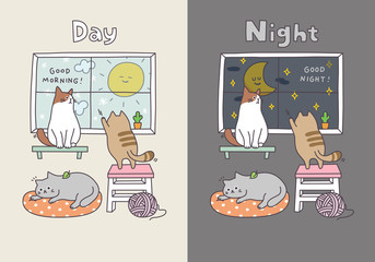 Cute Day and Night, Sun and Moon, with 3 Cats Vector Illustration - 371789316