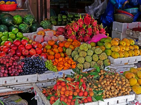 Vietnam, Quang Nam Province, Hoi An City, Old City listed at World Heritage site by Unesco, the Market, Stall with Fruits