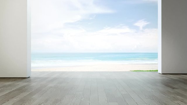 Sea view large living room of luxury summer beach house with empty wooden floor. Interior 3d illustration in vacation home or holiday villa.