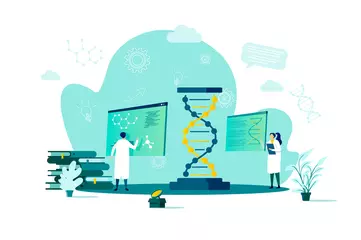 Fotobehang Biotechnology concept in flat style. Scientists in laboratory scene. Science research, DNA sequence cloning and recombination web banner. Vector illustration with people characters in work situation. © alexdndz