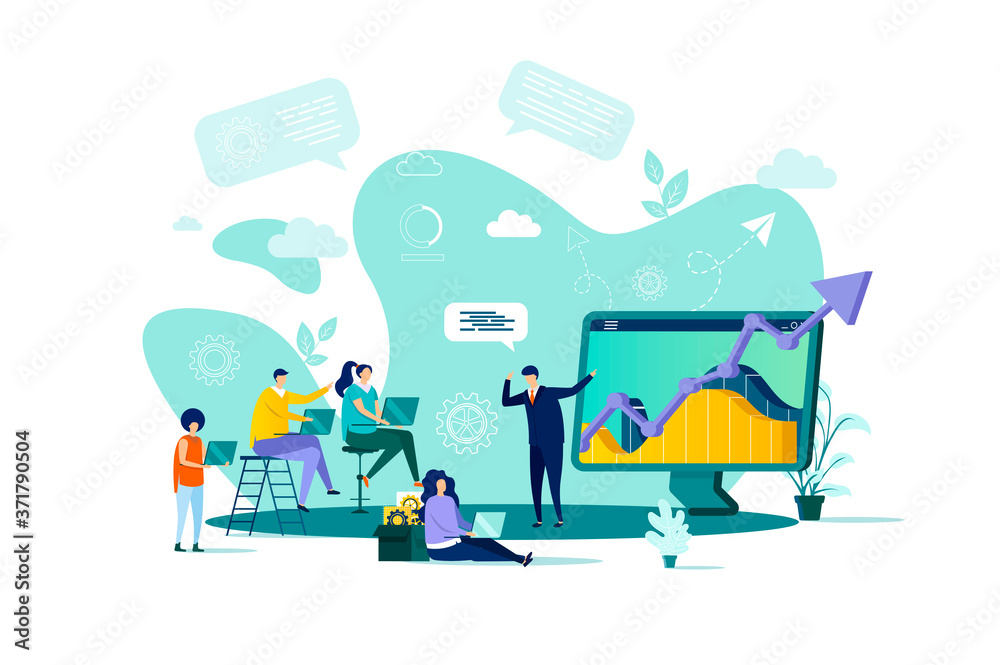 Poster business training concept in flat style. businessman making presentation with charts to his colleagu