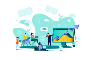 Fototapeta na wymiar Business training concept in flat style. Businessman making presentation with charts to his colleagues scene. Career development banner. Vector illustration with people characters in work situation.