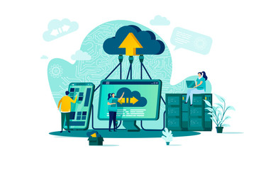Cloud computing concept in flat style. IT specialists administrate cloud storage scene. Hosting platform, big data processing web banner. Vector illustration with people characters in work situation.