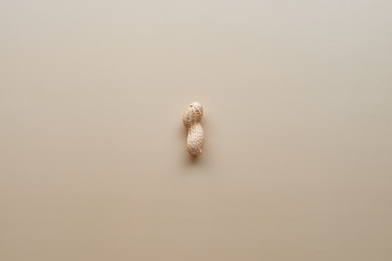 One roasted unsalted unpeeled peanut in shell isolated on beige background. Food, ingredients, organic vegetarian protein, healthy and dietary nutrition concept. Top view with copy space. .