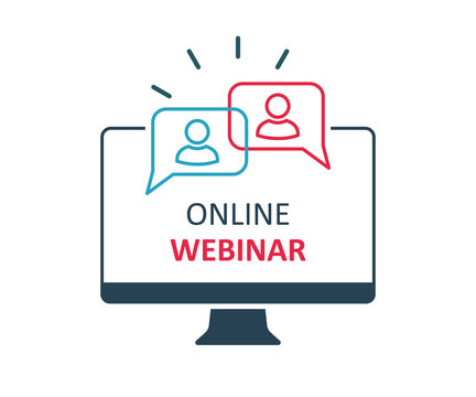 Online webinar communication, internet web conference, distance education, online course, video lecture, work from home icon with people icon – stock vector