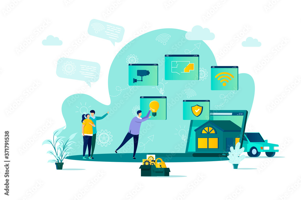 Poster smart home concept in flat style. people build smart home scene. online home control, monitoring and