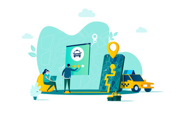 Taxi service concept in flat style. Man ordering taxi online scene. Taxi web application, booking service, passenger transportation banner. Vector illustration with people characters in situation.