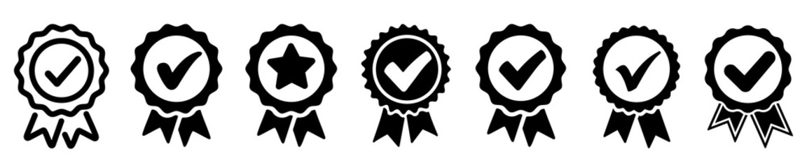 Set approval check icon isolated, approved or verified medal icon. certified badge symbol, quality sign – stock vector - obrazy, fototapety, plakaty