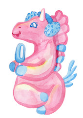 Cute cartoon pink unicorns celebrate Christmas in the winter season