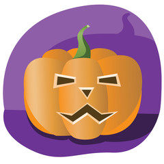 Square card with pumpkin face as invitation or greeting to halloween party, flat vector stock illustration with halloween pumpkin on purple background