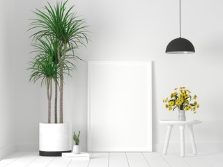 Mockup empty photo frame in white room. 3D rendering.