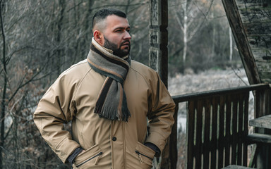 Portrait of young handsome bearded guy in the autumn city park.