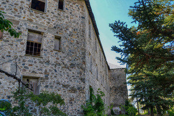 The abandoned Berengaria Hotel is the famous Cypriot resort of the mid-20th century in the mountainous region of Troodos, Cyprus.  The hotel resembles an ominous medieval castle.