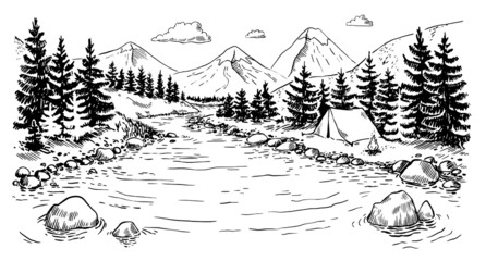 Fototapeta premium Vector illustration of nature in the mountains. tourism. tent on the river Bank. landscape with mountains, river and forest. Illustration of tourism and recreation in the wild. hand drawn sketch