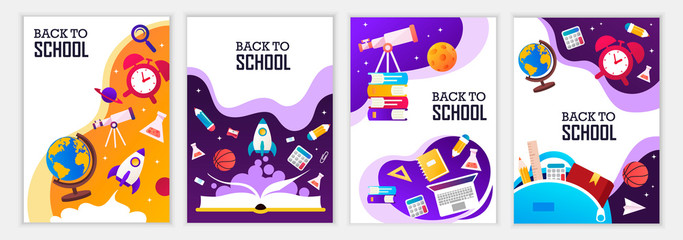 Back to school banners. Set of colorful templates for banners, posters, flyers, covers, invitations, brochures. Vector cartoon illustration. Back to school design. 