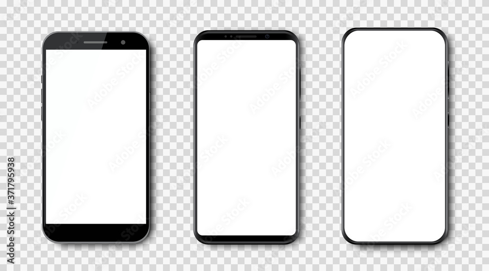 Poster Set high quality realistic trendy different black models smartphone with white empty touch screen, evolution of smartphones. Detailed mockup smartphone, model mobile - stock vector