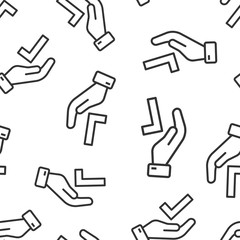 People hand with check mark icon in flat style. Accept vector illustration on white isolated background. Approval choice seamless pattern business concept.
