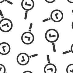 Check mark with magnifying glass icon in flat style. Loupe accept vector illustration on white isolated background. Search checklist seamless pattern business concept.