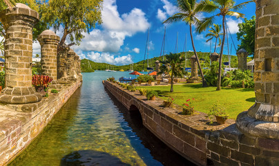 A panorama view across a causeway in the English Harbour in Antigua - obrazy, fototapety, plakaty