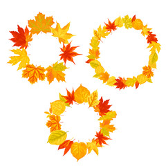 Wreaths with autumn falling leaves vector illustration isolated on white background. Design elements for poster, web, flyers, invitation, postcard, Happy Thanksgiving day. Place for text. Flat style.