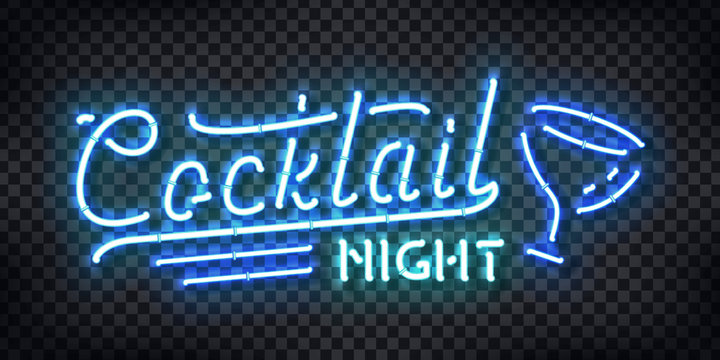 Vector realistic isolated neon sign of Cocktail Night logo for template decoration and covering on the transparent background. Concept of free drinks, happy hour and night club.
