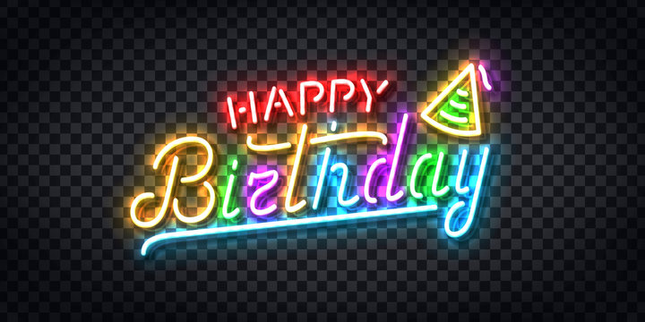 Vector realistic isolated neon sign of Happy Birthday logo for invitation decoration and template covering on the transparent background. Concept of celebration and party.