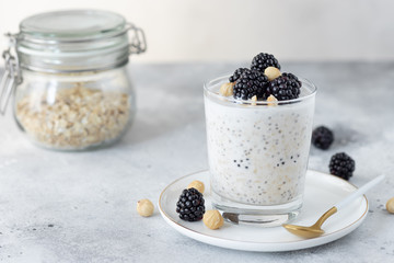 Fototapeta na wymiar overnight oats with coconut milk, chia seeds, hazelnuts and blackberries on a gray background. healthy diet breakfast. copy space. horizontal image