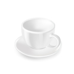 White porcelain cup and saucer isolated on white  background, cup for drinks, tea and coffee, mockup for advertising and design. Vector.