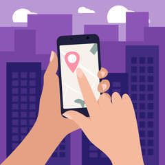Hands of person holding smartphone with mobile gps navigation on the screen