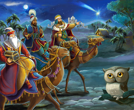 cartoon illustration of the holy family and three kings and owl - illustration