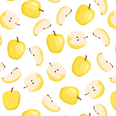 Seamless pattern of yellow apples. Apple background. Set of whole yellow apple, half an apple and a slice of apple. Hand drawing. Vector illustration. White background.
