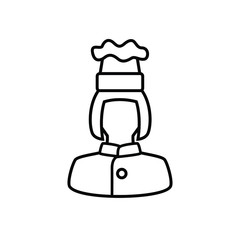 Female chef thin icon isolated on white background, simple line icon for your work.