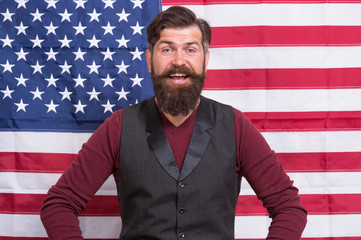 Bearded man school teacher teaching USA flag background, states of America concept