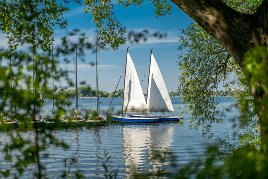 Hamburg, Germany. Sailboats on the Alster lake in the center of Hamburg.