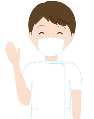 マスクをつけて案内をする若い男性看護士