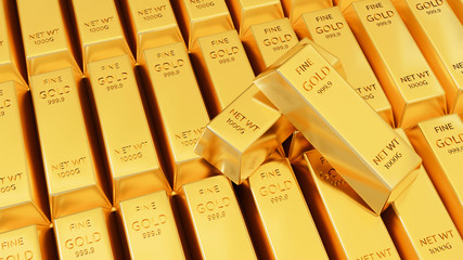 Closed up of shiny gold bars arrange and stack up in the perfect position row. Reflection of light on the gold bar. Treasury wealth Ingot luxury finance goods trading. Financial concept. 3d rendering