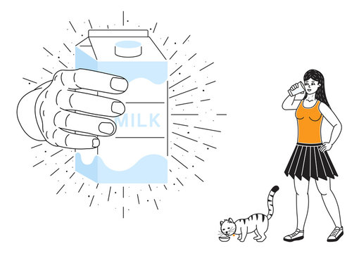 The girl and the cat are drinking milk. A large hand holds a package of milk. Milk Advertising