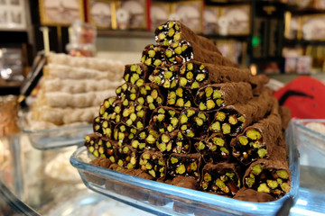 Turkish delight with pistachios in a shop window