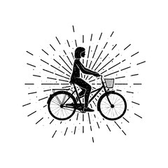 Girl rides a bike with sun rays grunge vintage vector illustration