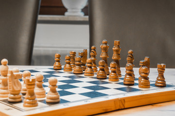 black and white chessboard with chessmen (game)