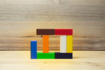 colorful building or architecture out of wooden toy blocks