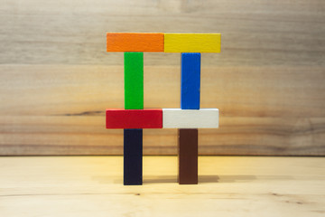 colorful building or architecture out of wooden toy blocks