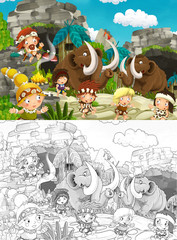 Cartoon sketch scene with prehistoric cavemen- illustration