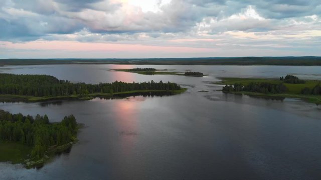 Sunset white nights, Lake Gimolskoe (Republic of Karelia, Russia) aerial view