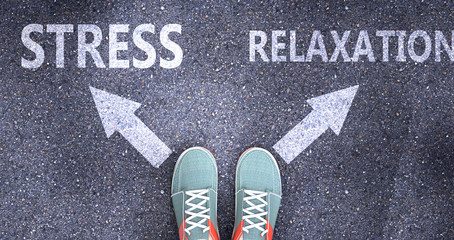 Stress and relaxation as different choices in life - pictured as words Stress, relaxation on a road to symbolize making decision and picking either Stress or relaxation as an option, 3d illustration