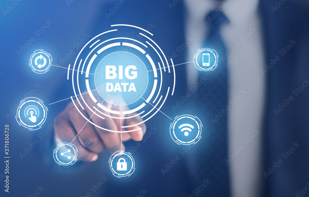 Poster businessman pushing with big data button with computer pictograms, creative collage