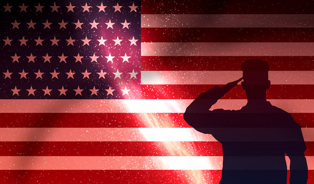 American Young Soldier Saluting to USA flag and Country. Patriotic Glittering and Shining Background with waving USA flag