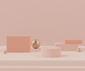 3d Abstract background of empty podium display for products and cosmetic presentation and mock up. Pink coral color pedestal or showcase with minimal geometry shapes. Colorful scene.
