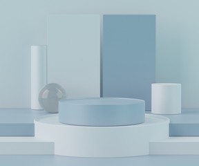 3d abstract background of empty podium display for products and cosmetic presentation and mock up. Blue colors of blank pedestal or showcase with minimal geometry shapes. Colorful scene.