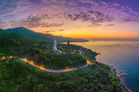 Aerial view of Ling Ung pagoda, Son Tra peninsula, Da Nang, Vietnam.